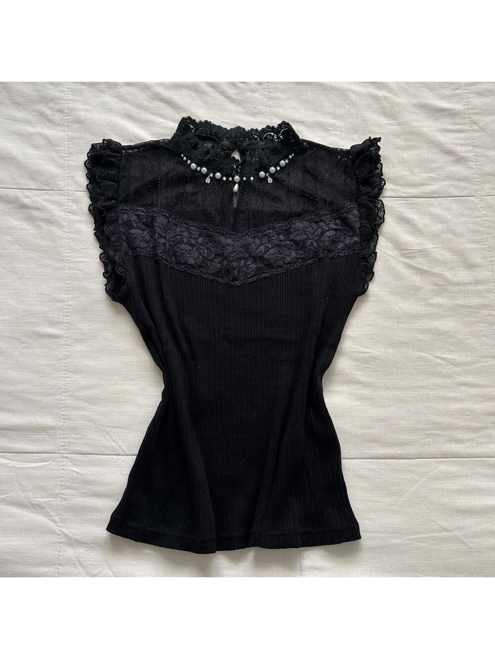 Axes Femme Black Sleeveless Lace Pearl High Neck Ribbed Top M Japan